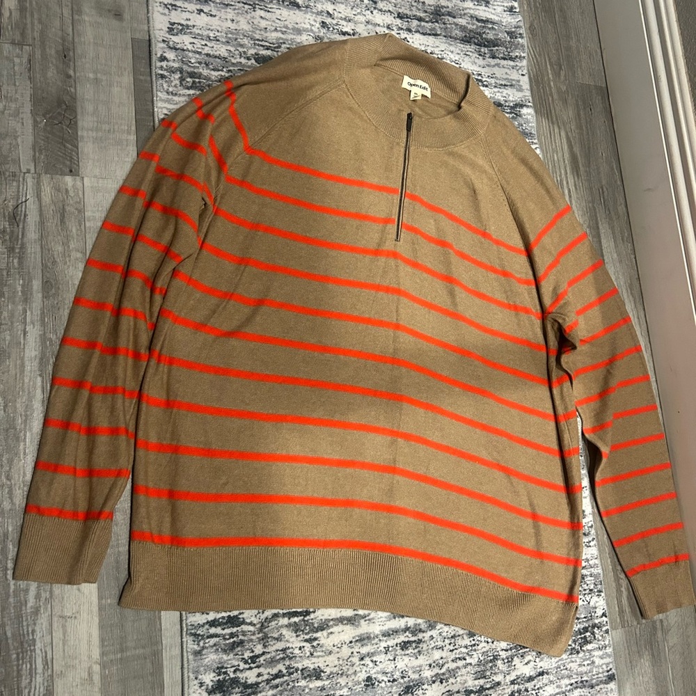 Stylish Tan and Red Striped Zip-Up Sweater